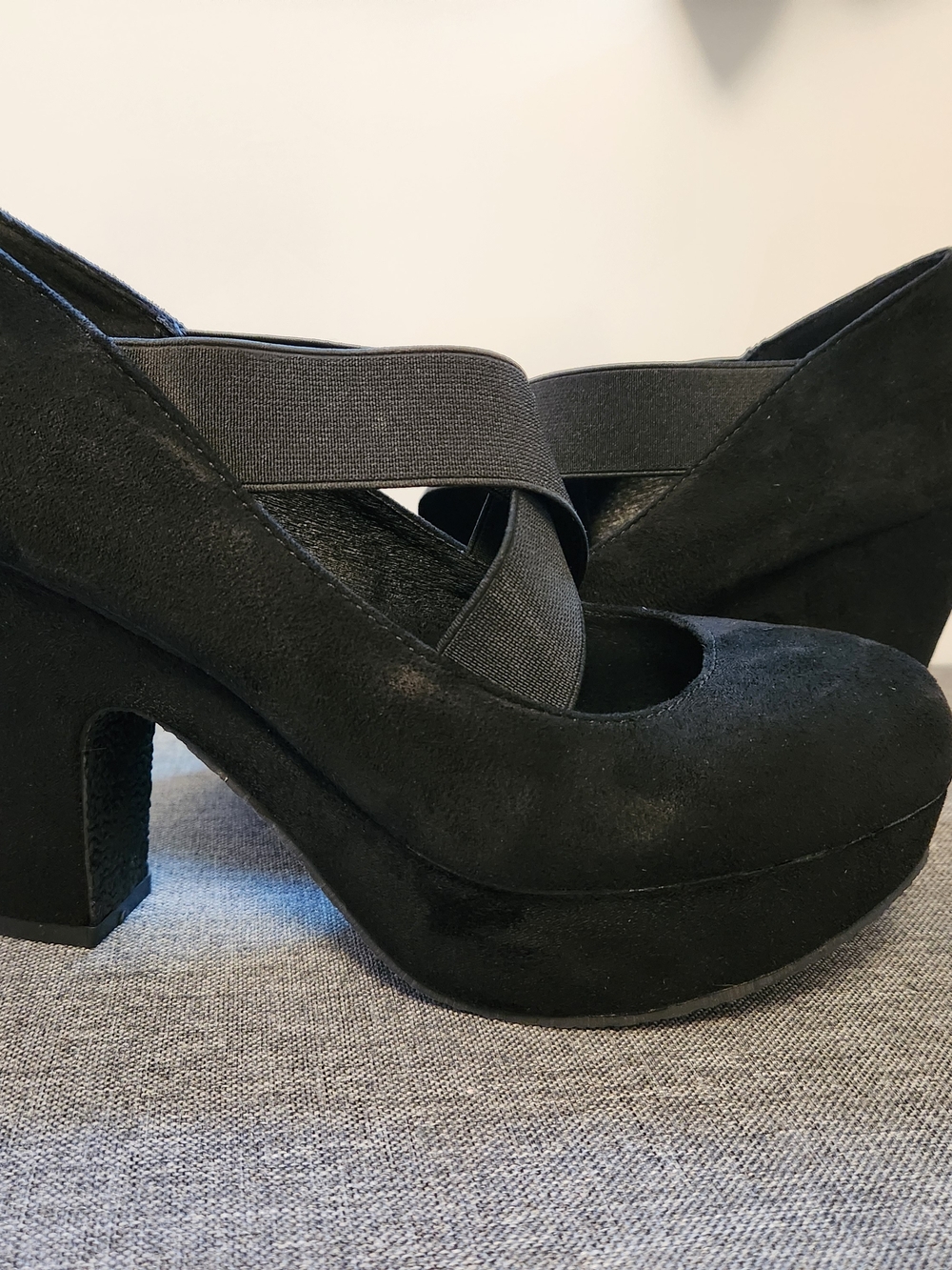 Black Suede Platform Mary Jane Pumps with Elastic Cross Strap